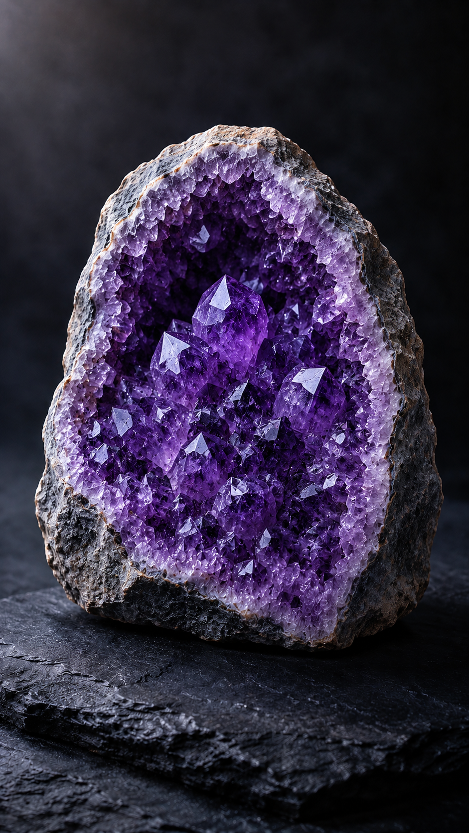 Géode d'améthyste brute d'Uruguay, gros plan sur les cristaux violets